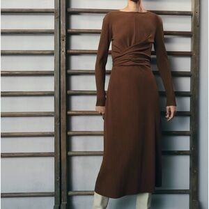 Belted brown knit dress